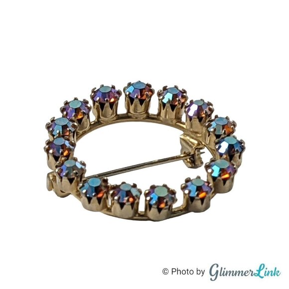 Vintage Aurora Borealis AB Rhinestones Infinity Circle Wreath Gold Tone Brooch - Picture 5 of 9